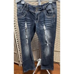 Angels Jeans Distressed Dark Wash Contrast Stitch Straight Leg Denim Size 13